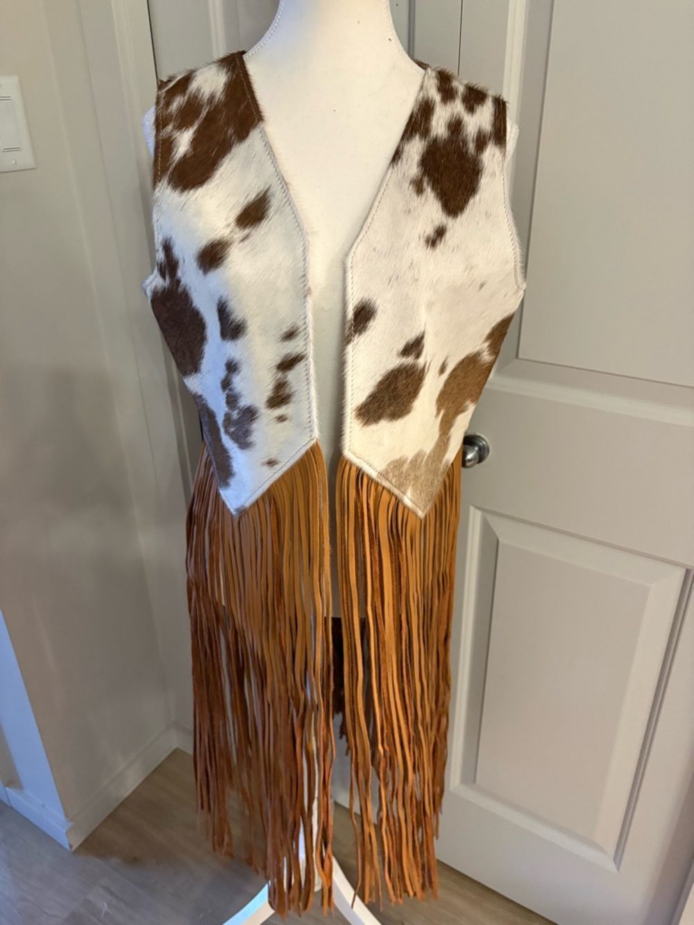 Western Brown and White Cowhide Fringe Vest